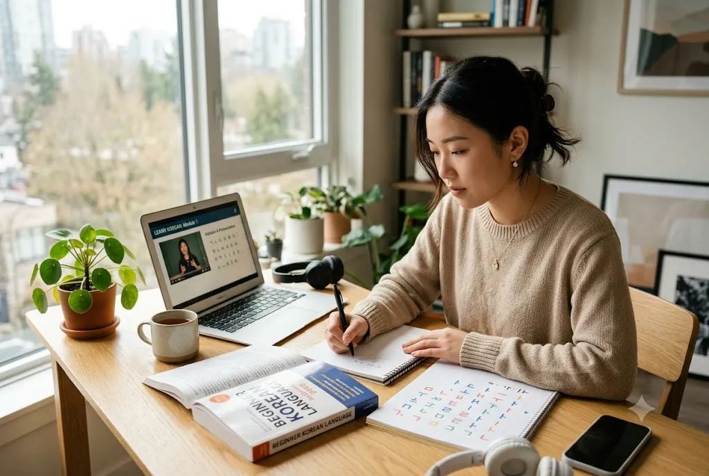 Student following proven methods on how to learn korean language quickly using structured lessons