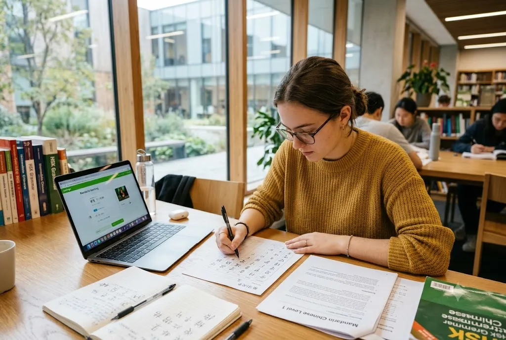 Student using learn chinese language pdf materials to study Mandarin effectively