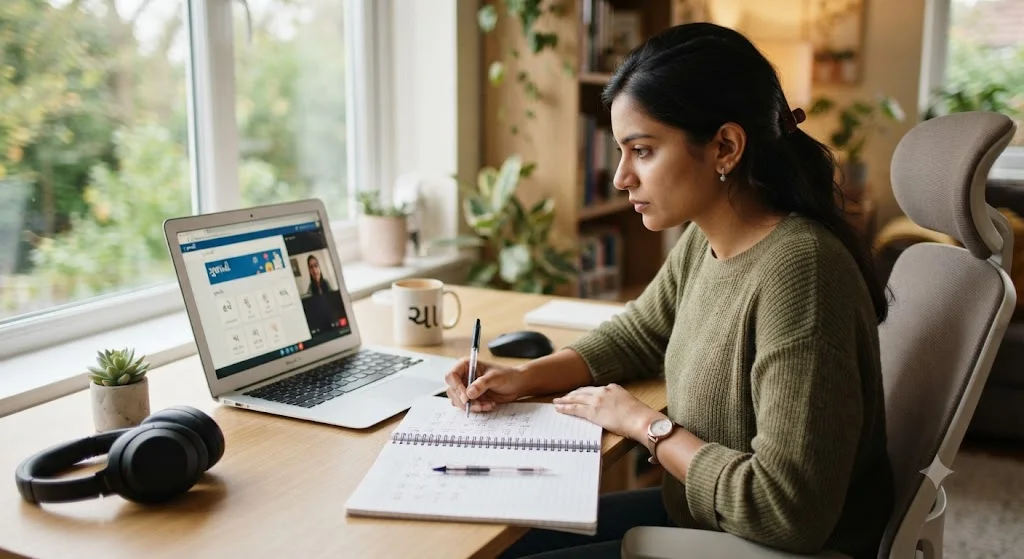 person learning Gujarati language online with laptop and notebook