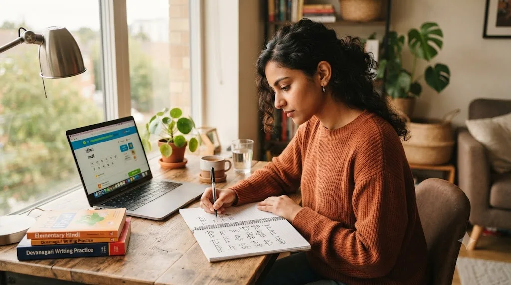 learn Hindi language with notebook and app at home