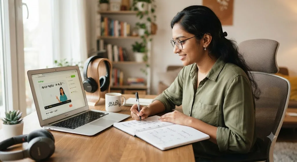person learning Tamil language with notebook and online tools