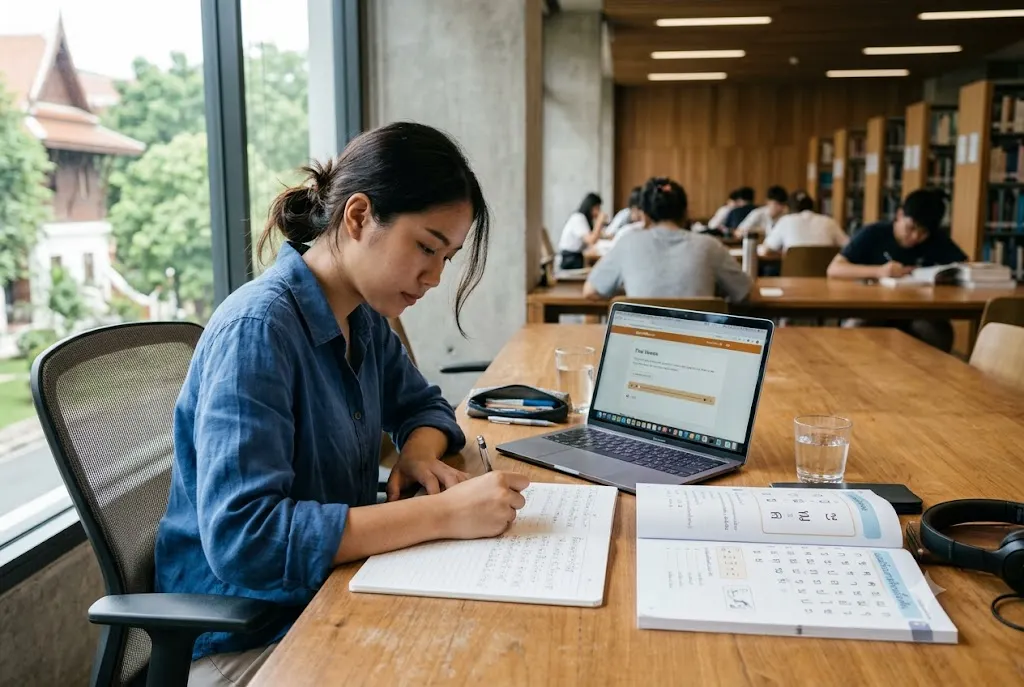 Student working to learn thai language using structured study materials and daily practice