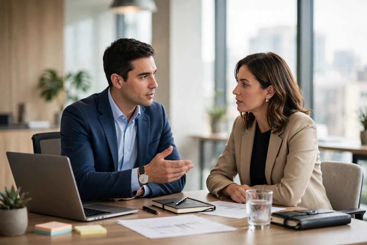 Professional consultant advising a client in a modern office - consulting career